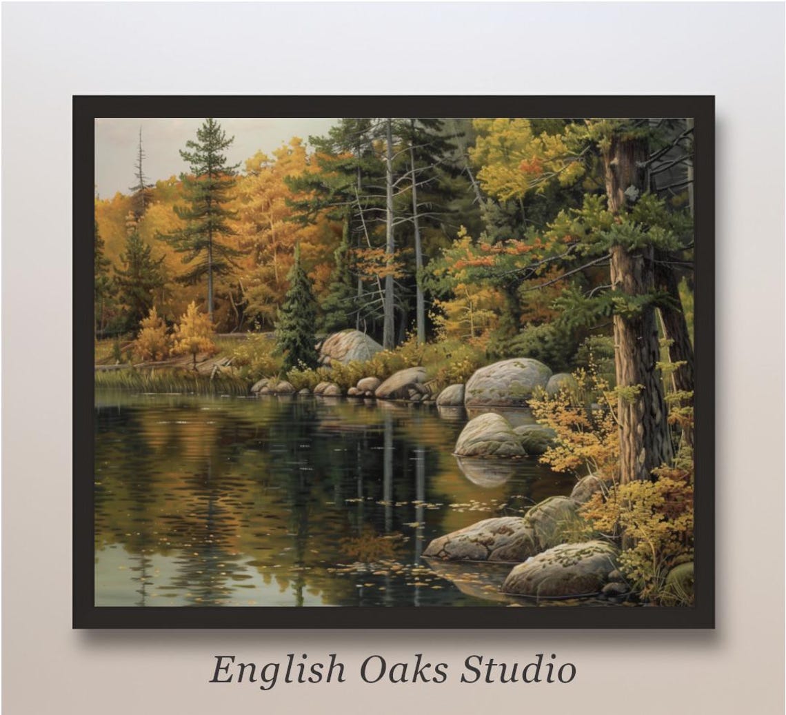 Fall Trees And Lake Landscape Art Alpine Pine Forest Print Rustic River Mountain Landscape Painting