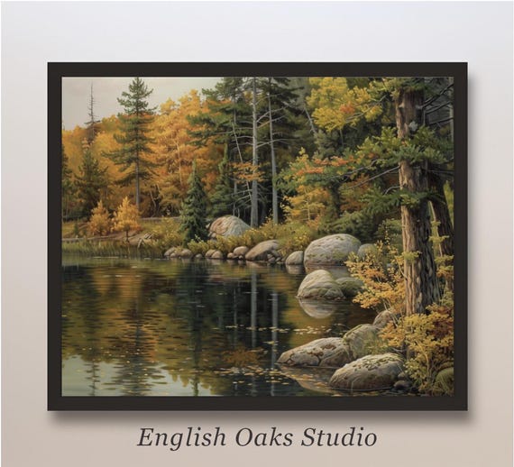 Fall Trees And Lake Landscape Art Alpine Pine Forest Print Rustic River Mountain Landscape Painting
