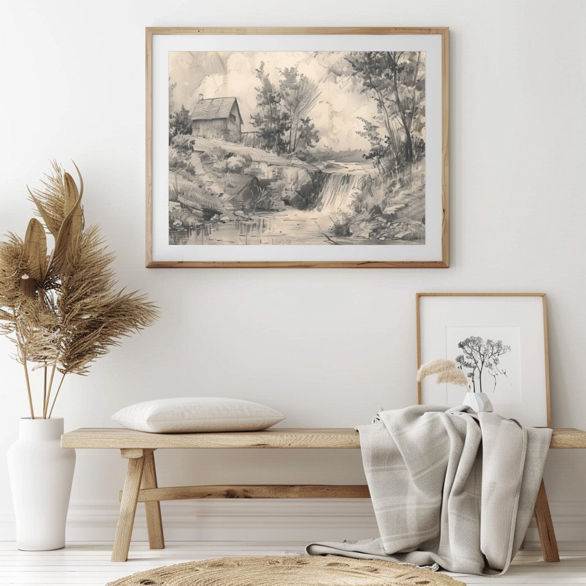 Rustic Cabin by a Waterfall Neutral Vintage Pencil Sketch Poster - Image 2