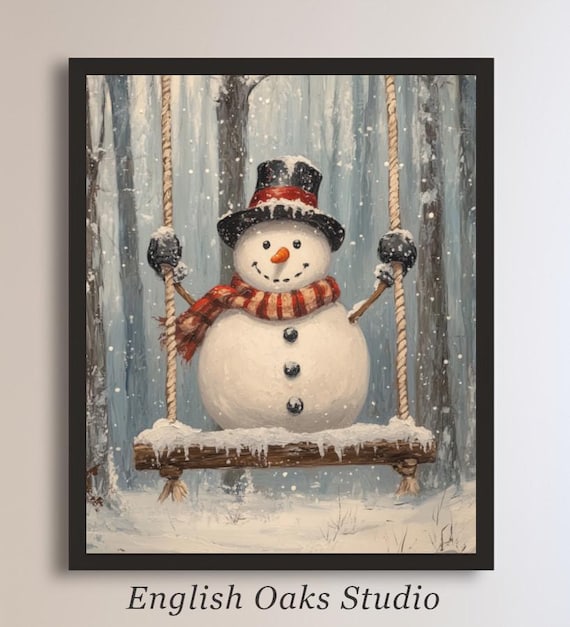 Vintage Snowman on a Swing Winter Landscape Print