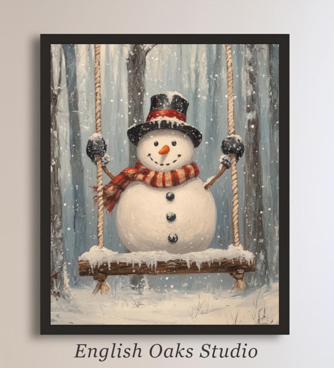 Vintage Snowman on a Swing Winter Landscape Print