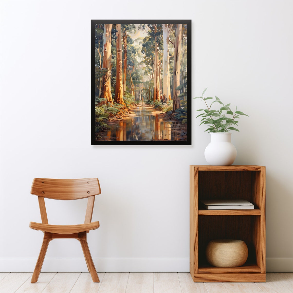 Eucalyptus Forest Sunlit Path Still Water Reflection Nature Poster - Image 2