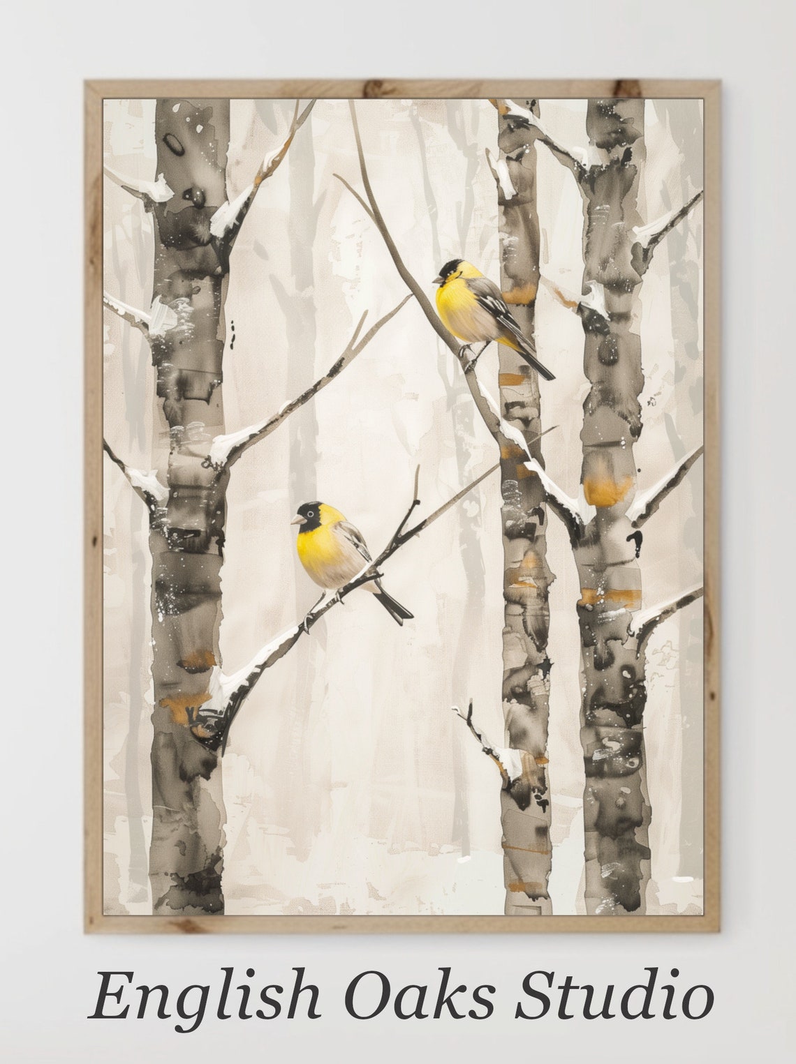 Two Yellow Birds In A Snowy Birch Forest Delicate Watercolor Poster