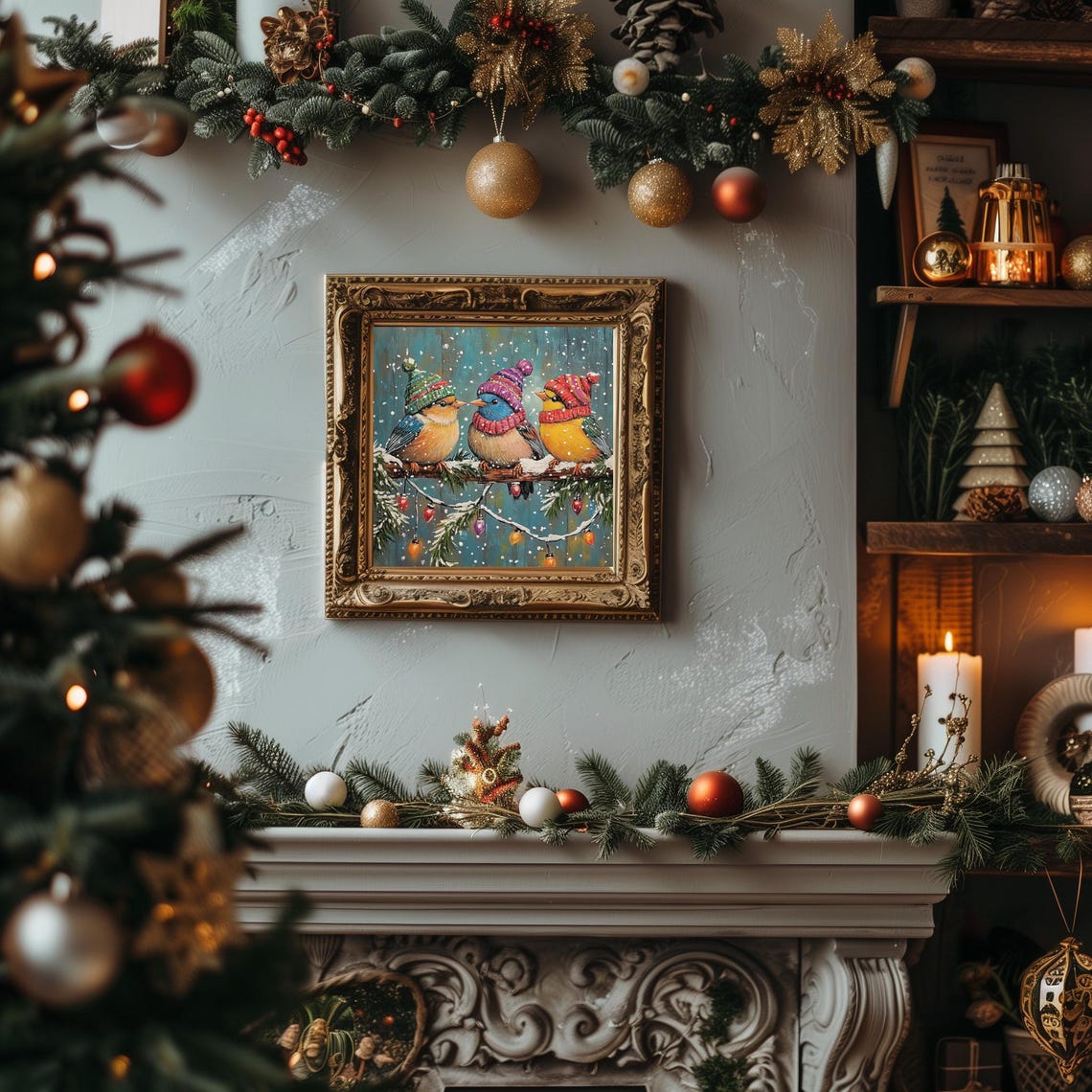 Three Winter Birds In Knit Hats On Snowy Branch Christmas Poster - Image 2