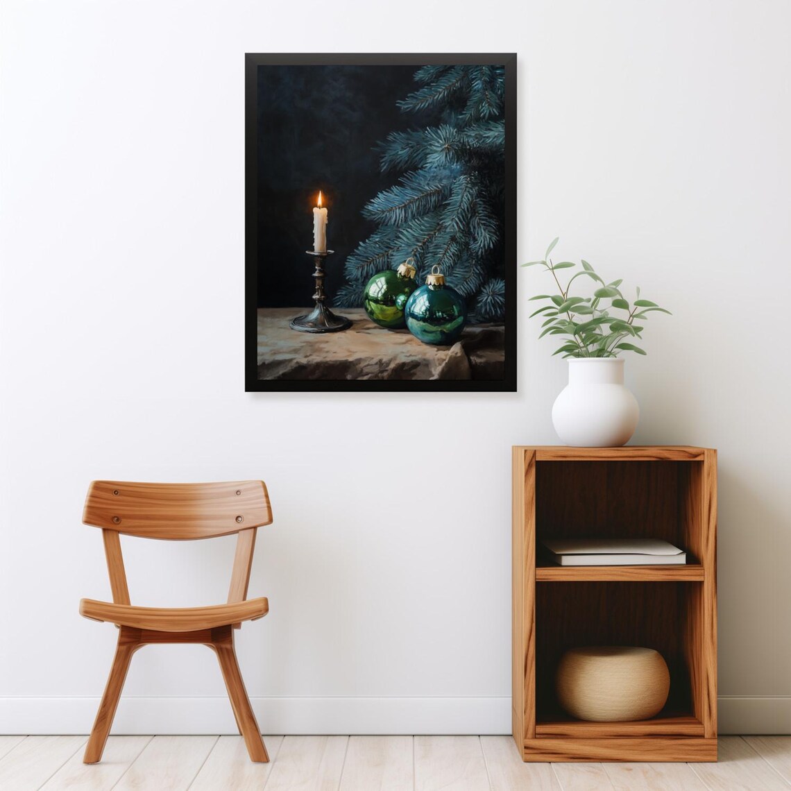 Lit Candle With Green Ornaments And Blue Spruce Boughs Poster - Image 2