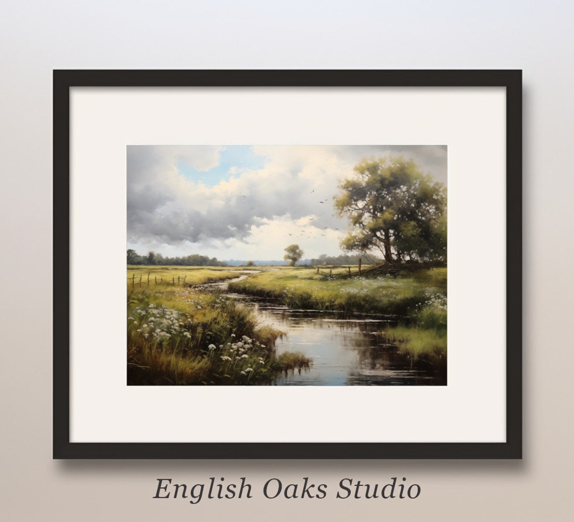 Calm Meadow Stream With Reflections Under a Cloudy Sky Art Poster