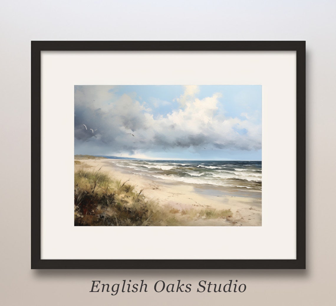 Ocean Waves Under Dramatic Clouds with Seagulls Beach Scene Poster