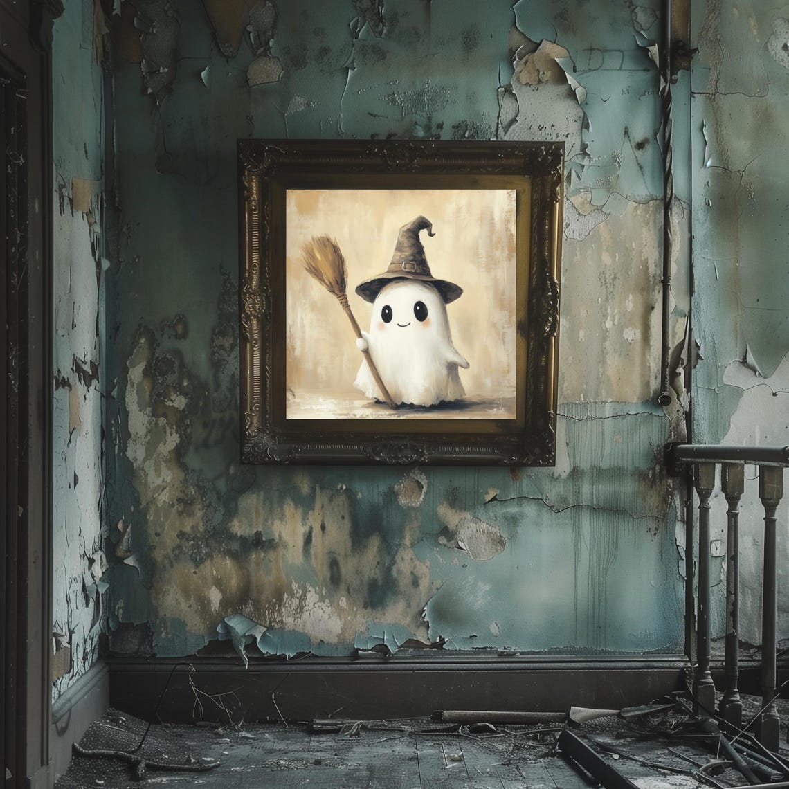 Halloween Neutral Cute Ghost With Witch Hat And A Broom Decor Moody Halloween Painting Vintage Ghost Spooky Wall Art Print - Image 2