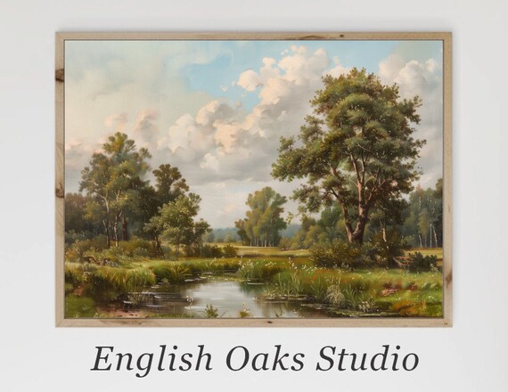 Country Summer River Flowing Past Green Trees Vintage Landscape Poster