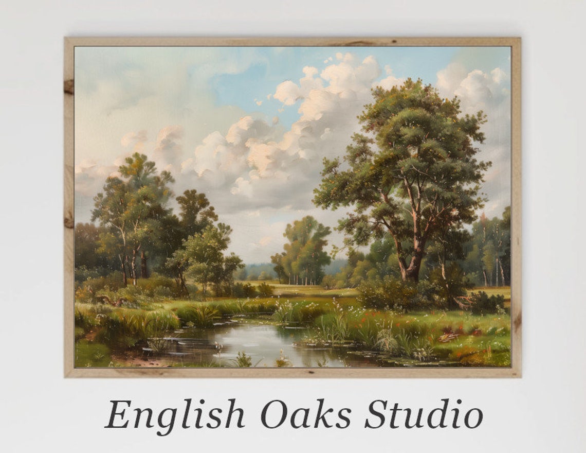 Country Summer River Flowing Past Green Trees Vintage Landscape Poster