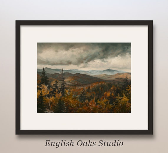 Moody Fall Landscape Painting Vintage Autumn Mountain Tree Print Neutral Alpine View Wall Art Antique Country Art 1