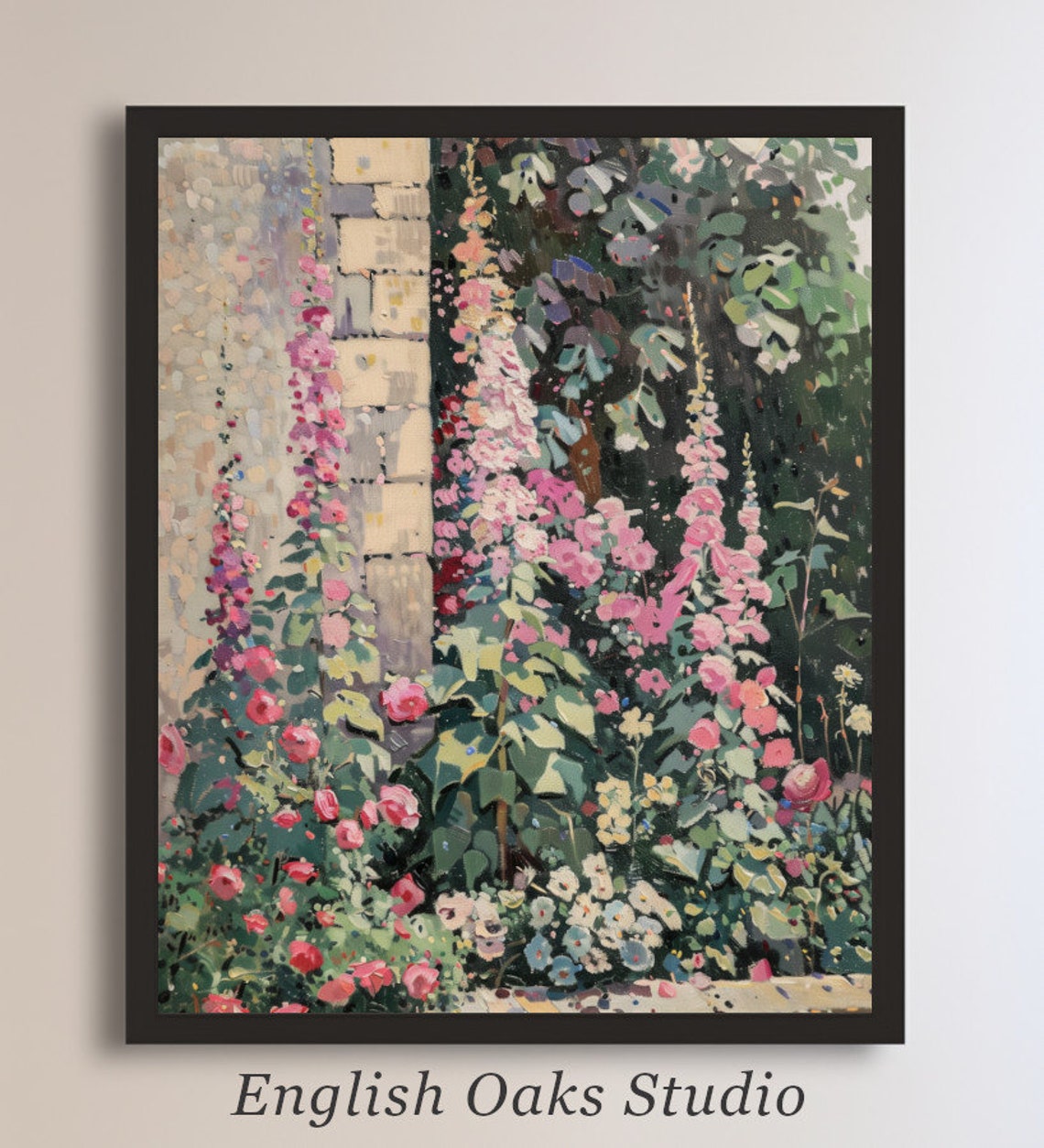 Summer Garden With Pink Hollyhocks By Stone Wall Impressionist Poster
