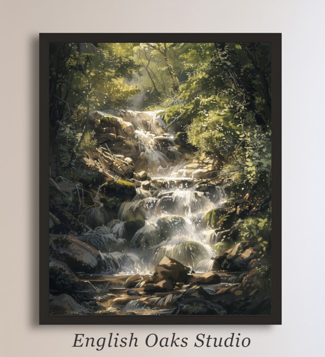 Sunlit Forest Waterfall Cascade Sparkling Stream Summer Painting Poster