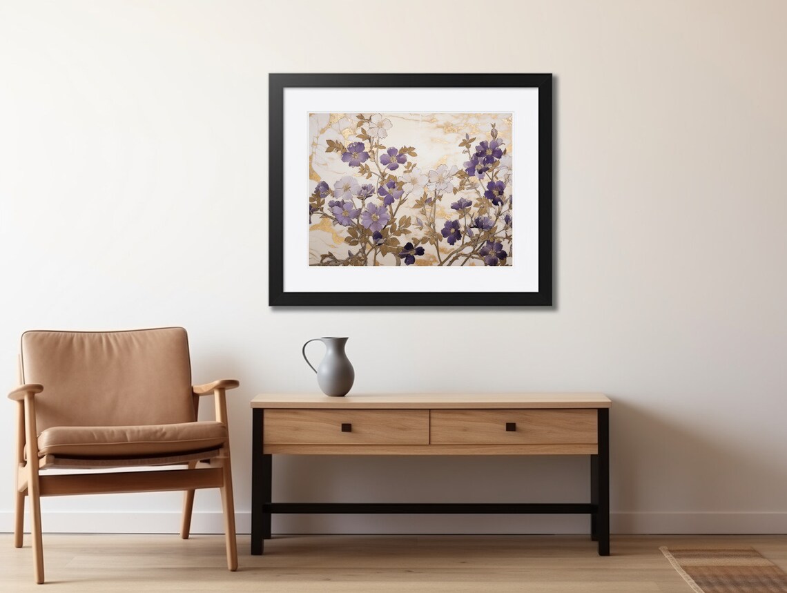 Purple Wildflowers on Gold Marble Elegant Floral Oil Painting Poster - Image 2
