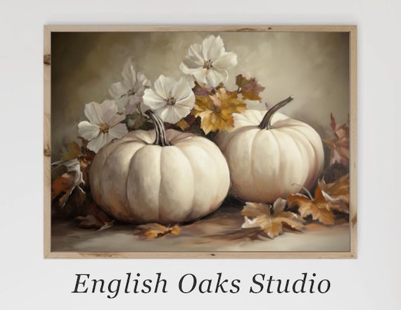 White Pumpkins with White Blooms and Fall Leaves Neutral Still Life Poster