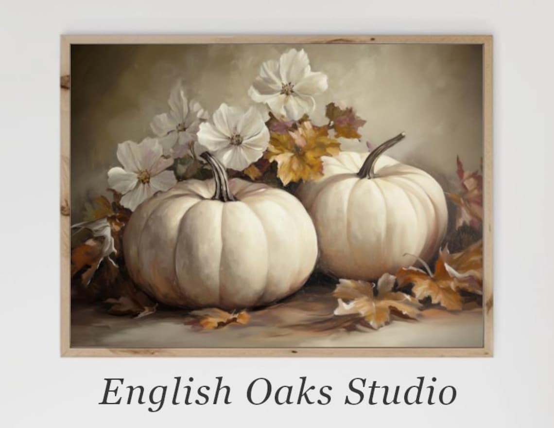 White Pumpkins with White Blooms and Fall Leaves Neutral Still Life Poster
