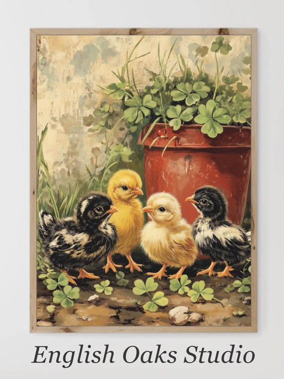Four Baby Chicks Beside Clover Pot Vintage Farm Animal Poster