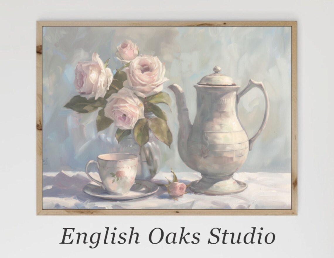 Pink Roses with White Teapot and Teacup Shabby Chic Art Poster