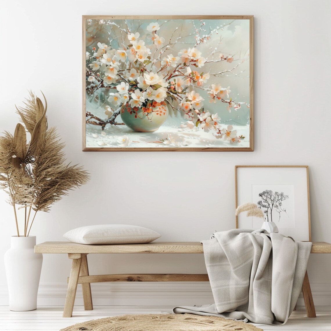 Winter Blossoms In Snow Vintage Botanical White Floral Painting Poster - Image 2