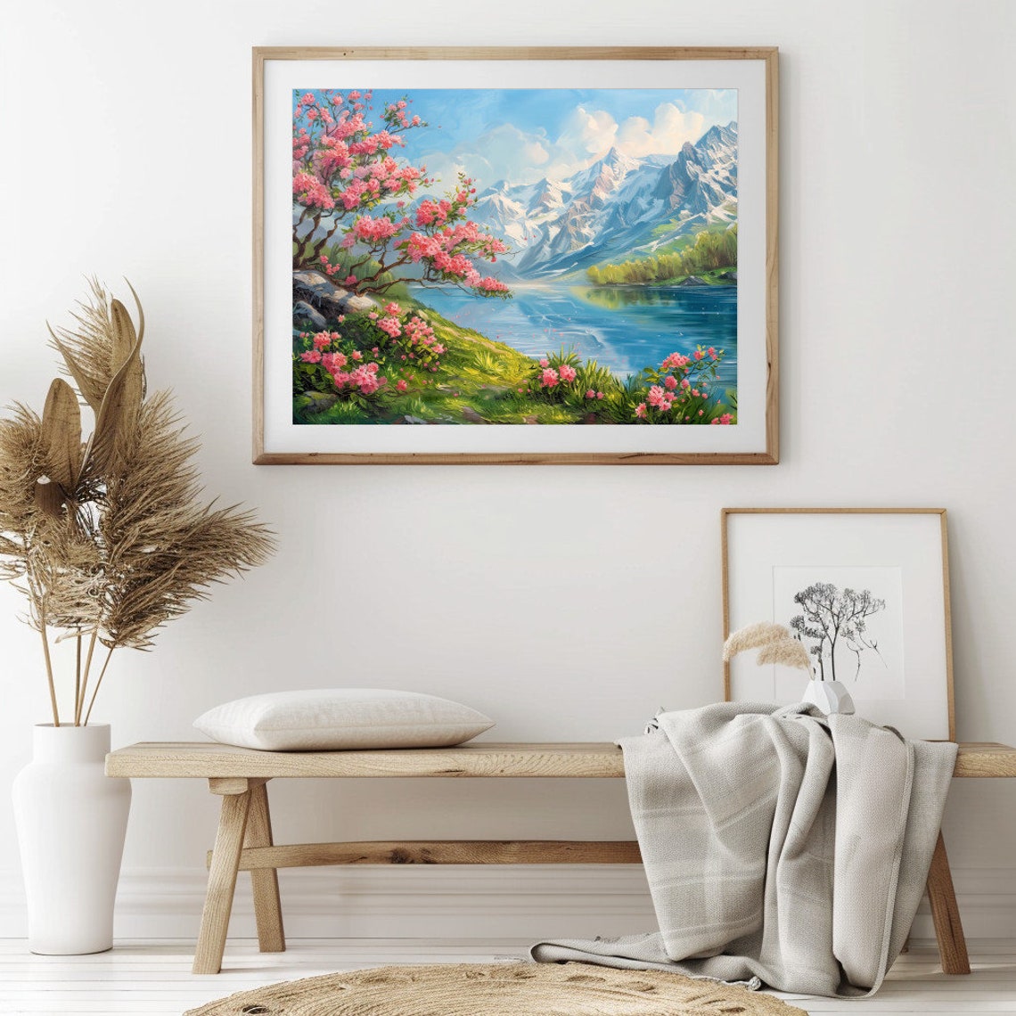 Alpine Mountain Lake Snowcapped Peaks Pink Rhododendron Bloom Poster - Image 2