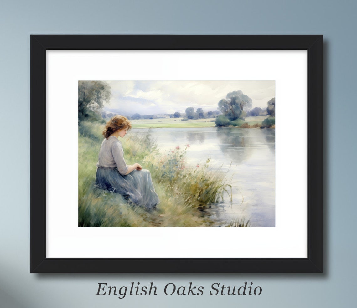 Vintage Girl By The River Painting Antique Landscape Of Girl Sitting By A Lake Painting 01