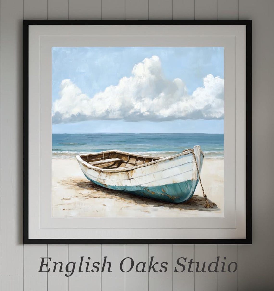 Weathered White Wooden Rowboat On Sandy Beach Calm Sea Poster