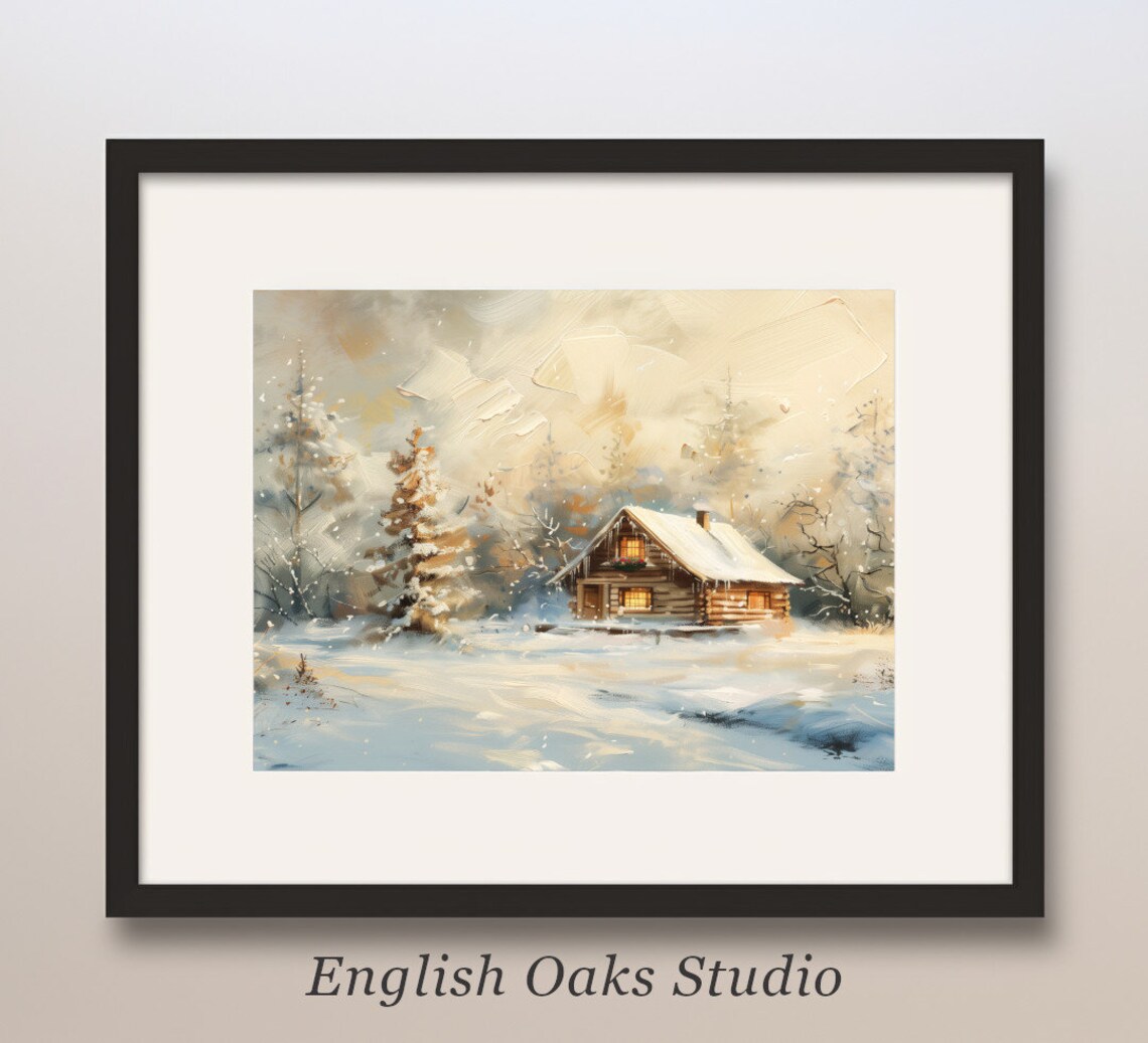 Cozy Log Cabin in a Snowstorm Winter Wonderland Oil Painting Poster