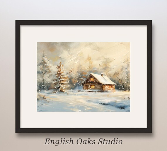 Cozy Log Cabin in a Snowstorm Winter Wonderland Oil Painting Poster