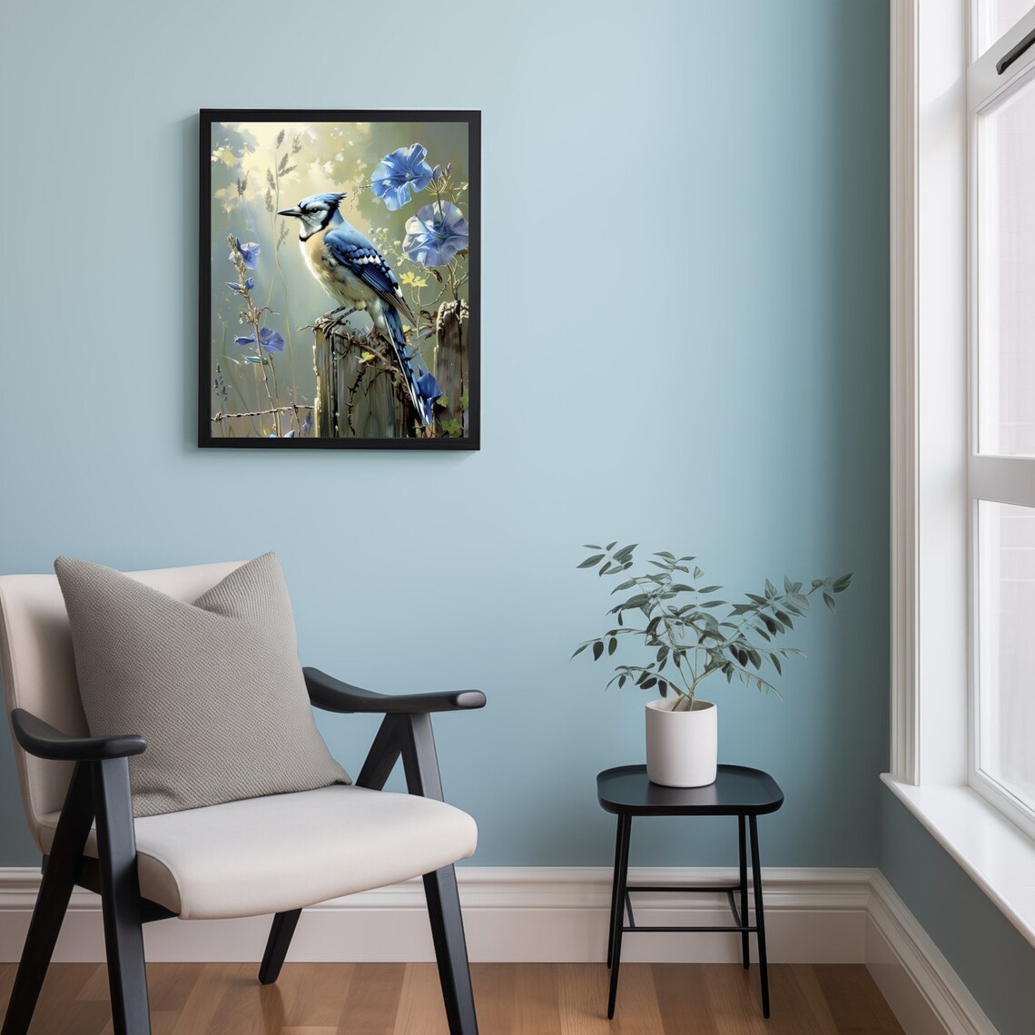 Blue Jay Bird on Fence Post, Vintage Farmhouse Art Print - Image 2