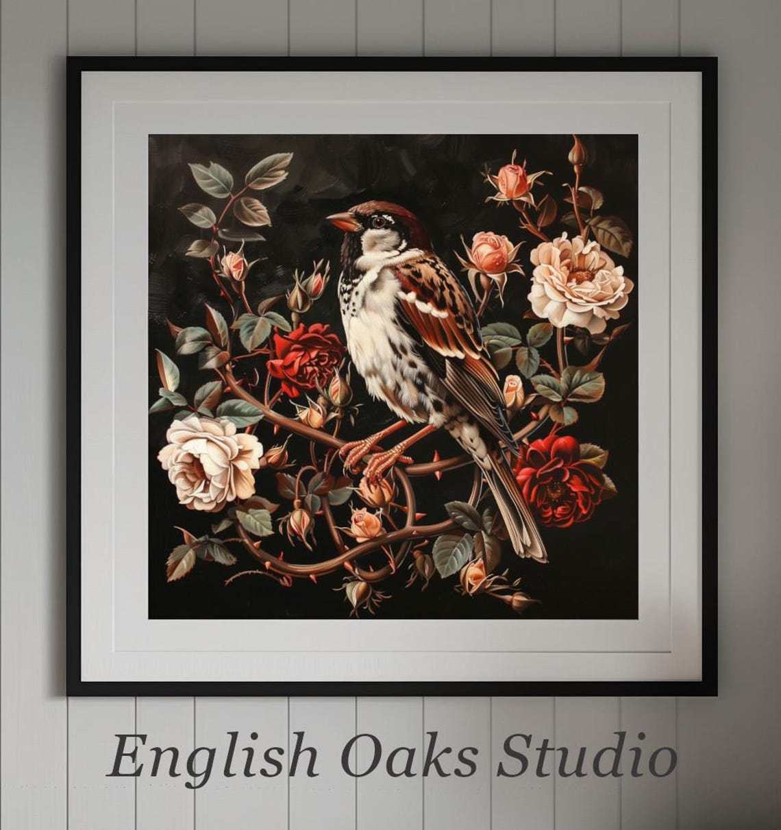 Sparrow on Rose Vine Dark Moody Floral Birds Botanical Vintage Poster