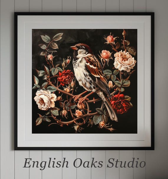 Dark Academia Victorian Floral Sparrow Painting Moody Goth Cottagecore Bird Botanical Whimsigoth Print 02
