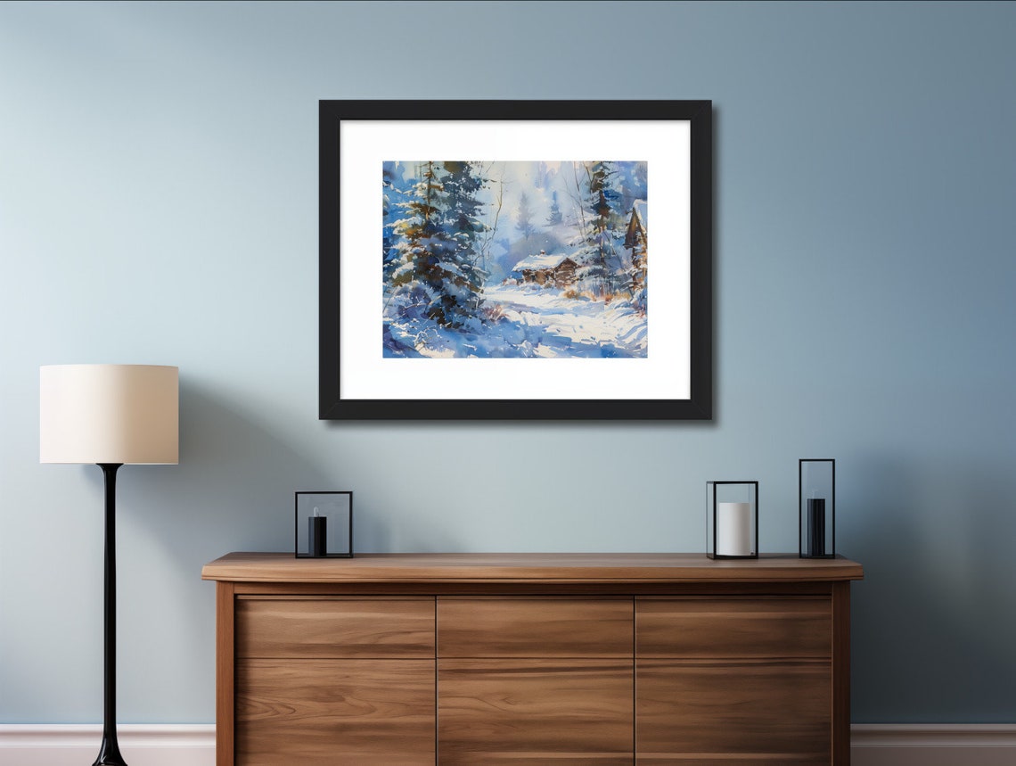 Blue Winter Watercolor Cabin In Snowy Pine Forest Painting Poster - Image 2