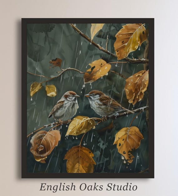 Moody Fall Sparrows On A Branch In The Forest During Rain Vintage Cottagecore Bird Botanical Forest Print