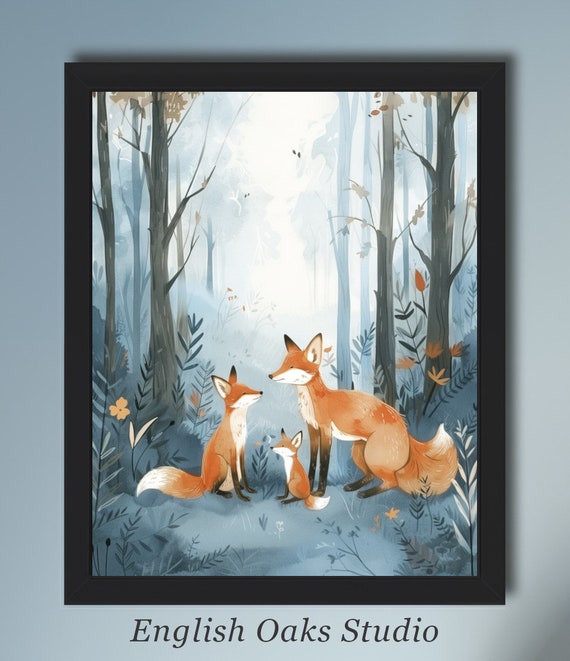 Fox Woodland Kids Room Painting Fox Family Moody Forest Nursery Print