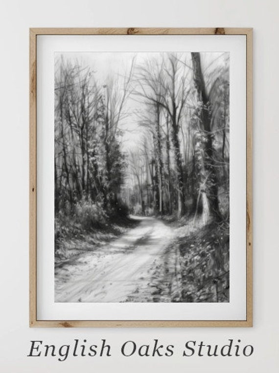 Rustic Neutral Forest Path Landscape Sketch Wall Art Vintage Landscape Decor Wall Art 03