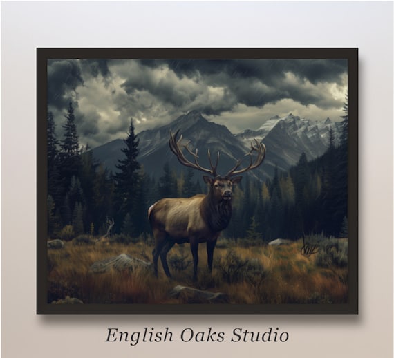 Elk Under Storm Clouds Mountain Meadow Vintage Moody Wildlife Poster
