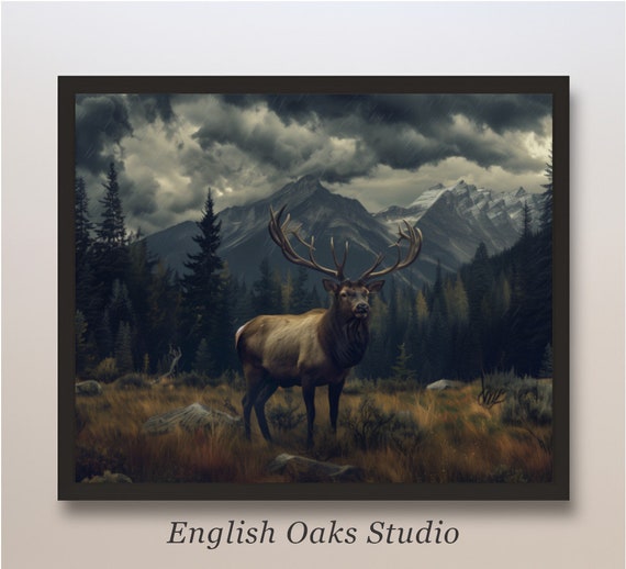 Rustic Moody Deer Painting Vintage Summer Mountain Stag Landscape Cabin Decor Print