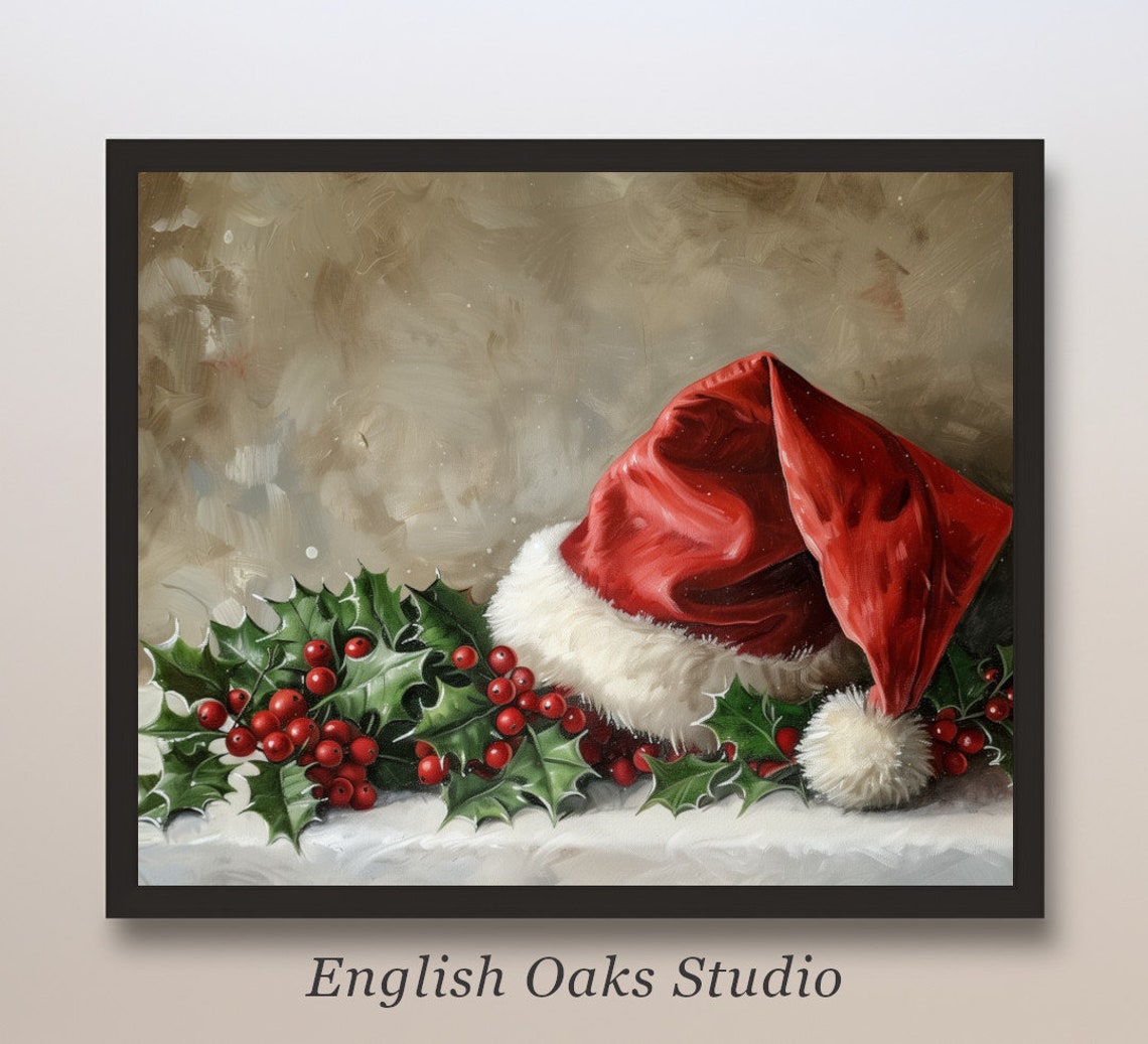 Santa Hat with Holly Berries Christmas Still Life Painting Poster