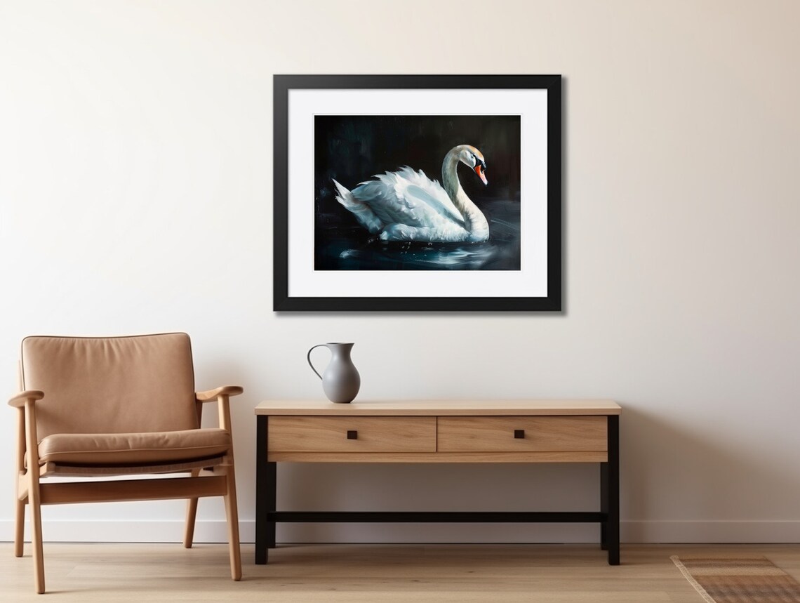 White Swan On Dark Water Moody Minimalist Vintage Bird Painting Poster - Image 2