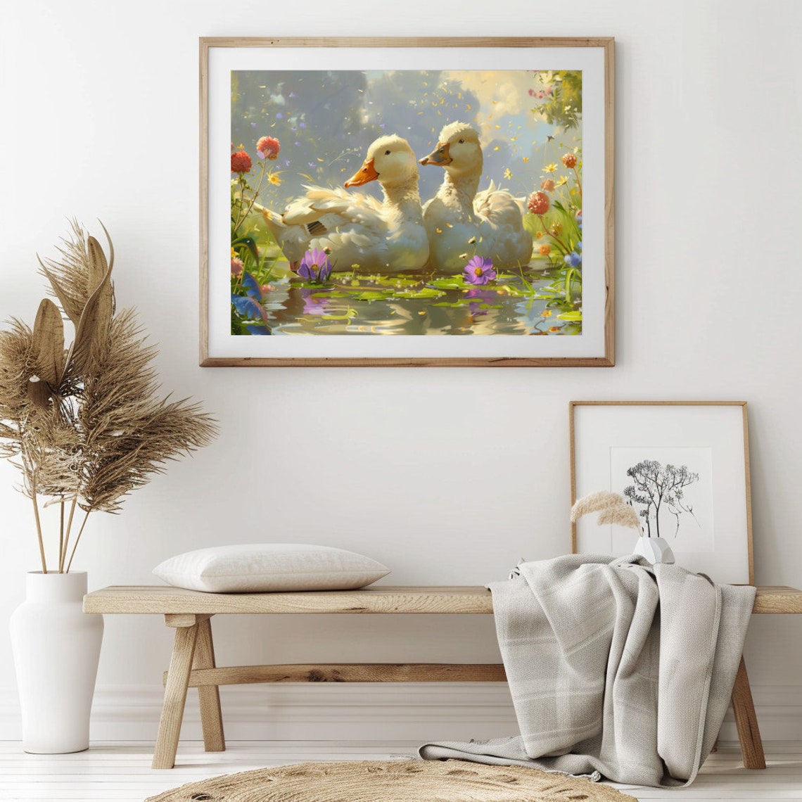 Two White Ducks in a Spring Pond Watercolor Fine Bloom Wall Art - Image 2