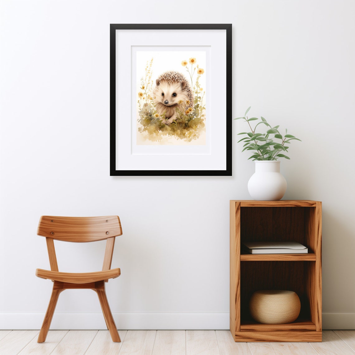 Hedgehog Watercolor Yellow Daisies Cute Woodland Nursery Poster - Image 2