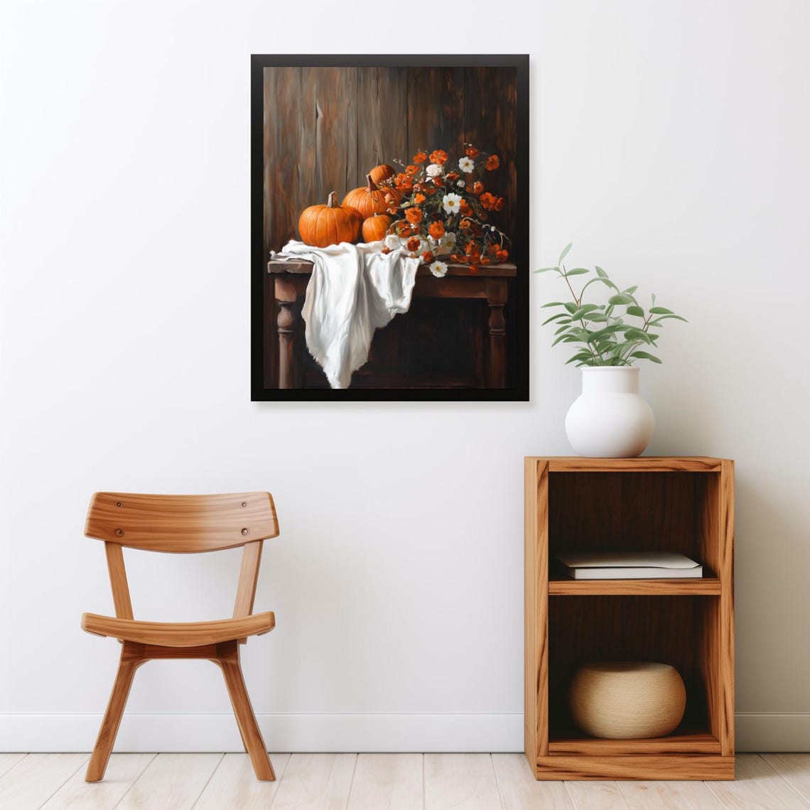 Orange Pumpkins With Wildflowers On Rustic Wooden Table Poster - Image 2