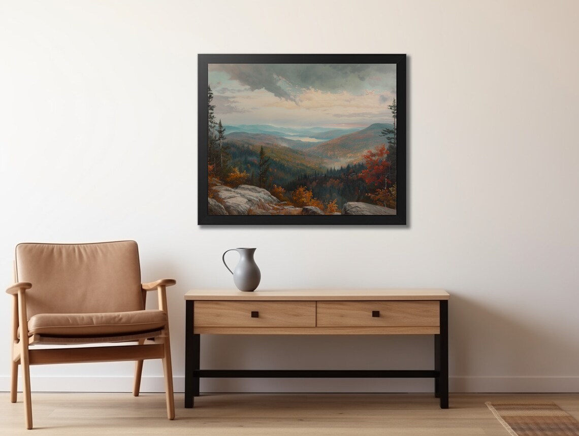 Moody Fall Mountain Valley Misty Autumn Foliage Landscape Painting Poster - Image 2