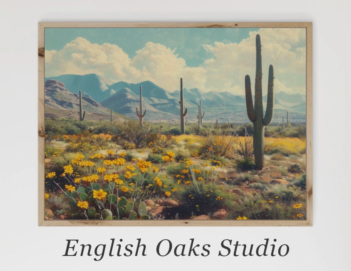 Southwest Desert With Saguaro Cacti And Yellow Wildflowers Poster