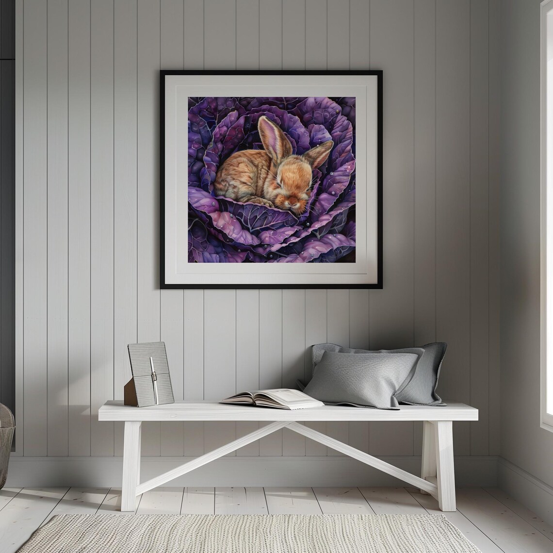 Baby Bunny on Cabbage Leaves, Vintage Gothic Art Print