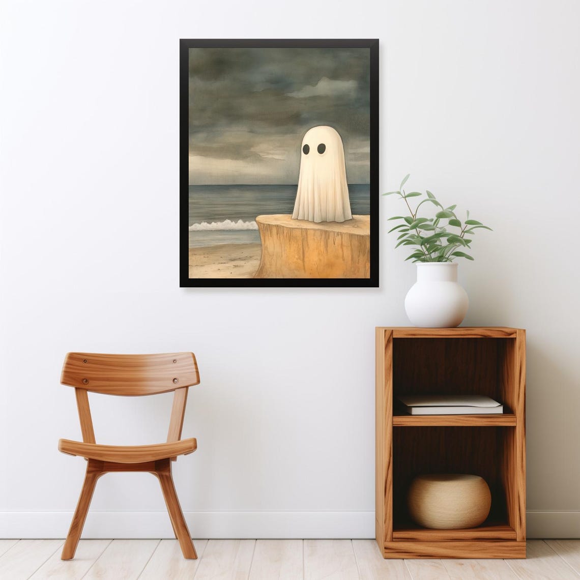 Moody Vintage Halloween Cute Ghost On A Cliff Seaside Painting Rustic Goth Muted Tones Spooky Season Ghost Print - Image 2