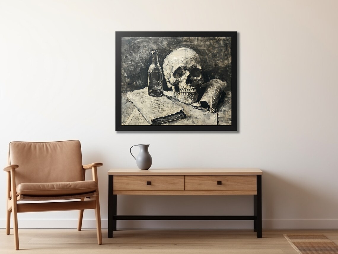 Skull with Bottle and Manuscript Black and White Memento Mori Art Poster - Image 2