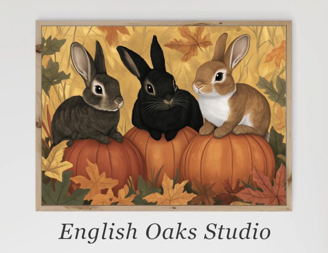 Fall Rabbits on Orange Pumpkins, Autumn Animal Art Print