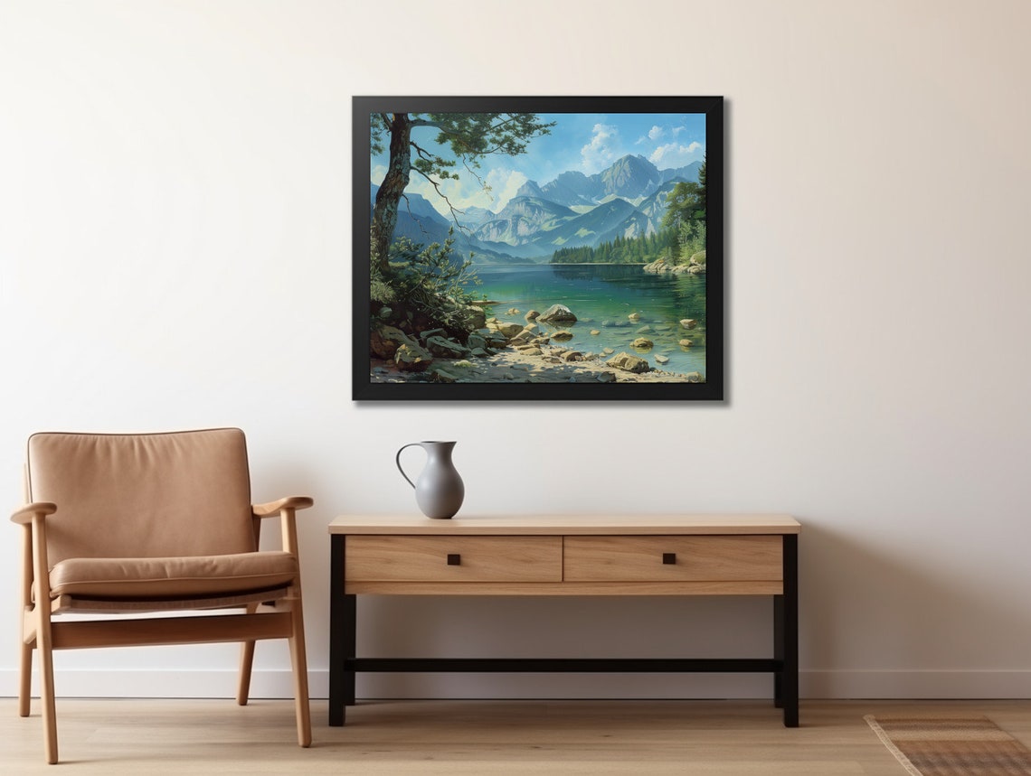 Turquoise Alpine Lake Painting Rocky Shore Mountain Summer Poster - Image 2