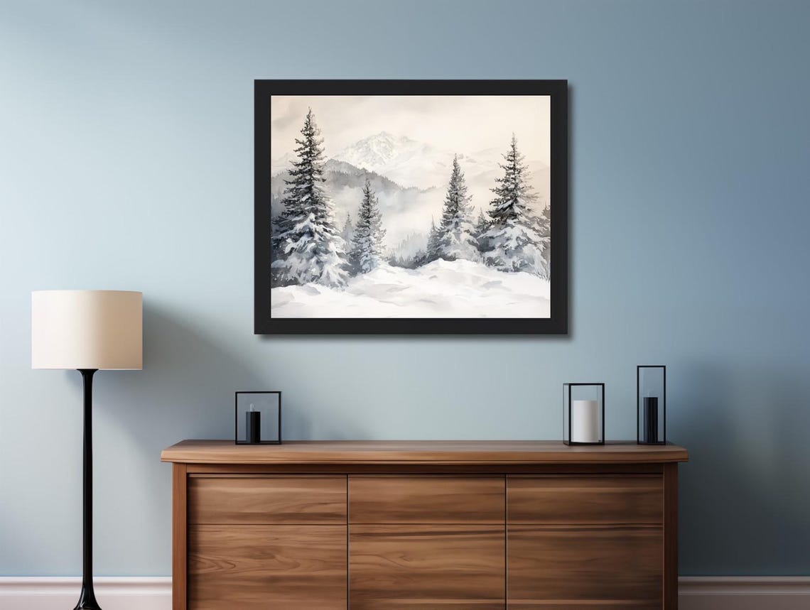 Snowy Pines And Misty Mountains Watercolor Winter Scene Poster - Image 2